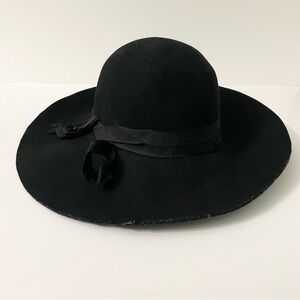 Lauren Ralph Lauren Black Felt Floppy Hat with Ribbon Tie Distressed